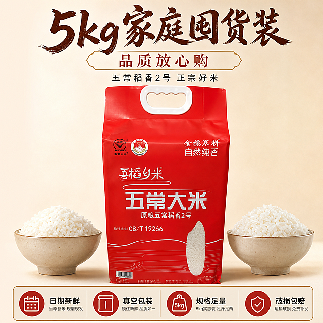 [主图-5] 5kg规格与服务承诺 促进转化
[统一基调] 国风品质感 暖调食欲风 主色朱红+米白+浅金 主标题粗笔刷书法字 辅助文案细黑体 整体专业靠谱 淘宝天猫粮油风格
[画面] 红色5kg五常大米包装袋居中 完整正面展示 袋子左右各放一小碗白米饭 对称构图 浅米色渐变背景 简洁干净 底部半透明悬浮条 横向四个服务图标 日期新鲜 真空包装 规格足量 破损包赔
[光影质感] 柔和正面光 产品清晰立体 底部自然阴影 米饭饱满有光泽 干净商业质感
[配色] 浅米色背景 朱红产品 乳白米饭 主标题深棕色 服务图标朱红色
[文字版式] 上方主标题 5kg家庭囤货装 品质放心购 下方辅助文案 五常稻香2号 正宗好米 底部四个服务承诺图标横向排列 配对应文字
[输出要求] 1:1正方形 2048px 文字清晰 产品外观一致 无错字 无水印 无平台Logo