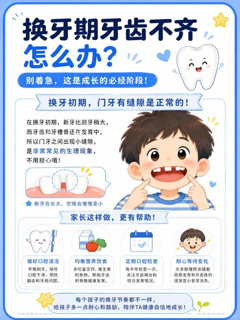 儿童换牙期健康科普图文，竖版3:4，卡通手绘风格，蓝白清新配色，标题：换牙期牙齿不齐怎么办？，内容讲解儿童换牙初期门牙有缝隙是正常生理过程，配小孩微笑露出换牙门牙的插图，文字轻松温馨预览效果