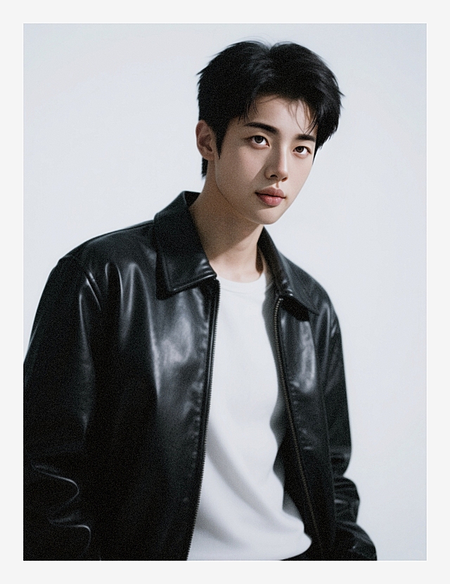 一个五官硬朗帅哥，白色背景，加强明暗对比，强曝光低饱和，半身照，高清晰度，零噪点降噪，菲涅尔反射，细腻高光，空气高透，高光压缩，中近景半身像，撕拉片光影效果