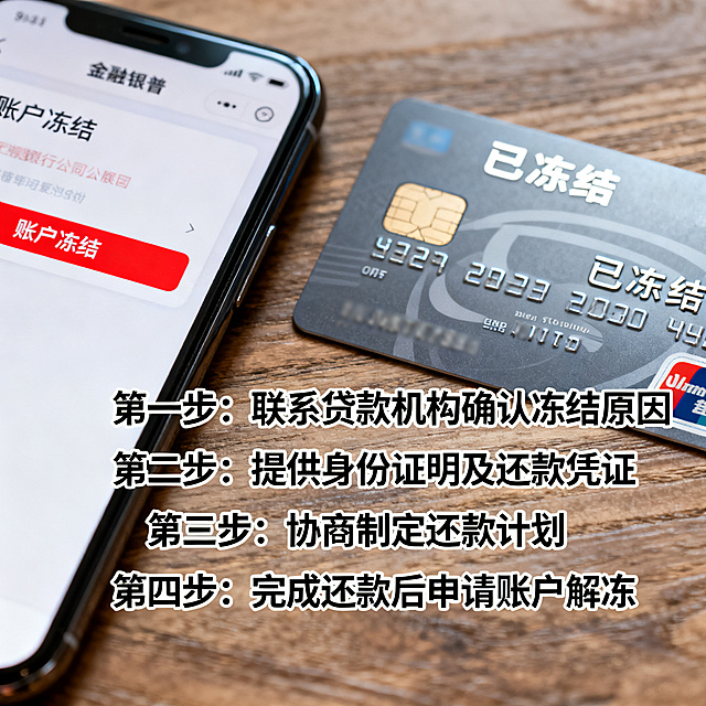 写实风格公众号配图，主题为网贷逾期后账户银行卡冻结处理，画面展示被冻结的手机银行界面和银行卡实体卡，旁放处理步骤说明，金融科普写实风格，清晰直观