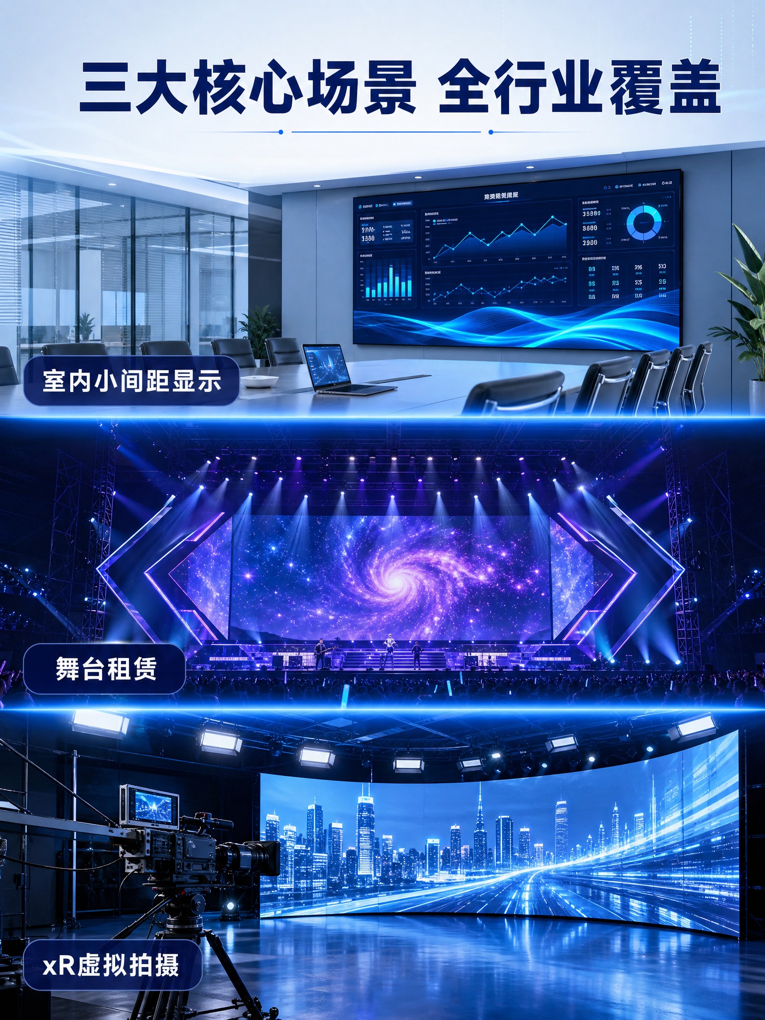 LED显示屏三大应用场景展示图，浅蓝色科技风。画面分为三个横向… - 图片创意预览