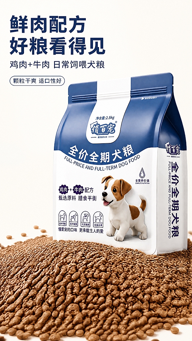 [第1张] 详情页首屏大图 - 俏百宠全价全期犬粮鸡肉牛肉配方产品海报。本张使用【图1】作为商品主体。
[氛围/风格] 简约实拍风，柔和自然光，清爽干净，商业摄影质感，真实不夸大。
[元素布局] 产品包装袋置于画面中上部偏右，占比约50%；下方平铺散落大量狗粮颗粒，颗粒饱满均匀，呈自然棕色；颗粒铺满画面下半部分，形成自然的颗粒海洋效果；背景为浅米白色纯色背景，干净无杂物；产品包装结构、蓝白配色、文字标识与输入图完全一致。
[光影质感] 左上方柔和自然光照射，颗粒表面有自然高光，产品包装袋有柔和立体感，底部有轻微自然投影，整体明亮通透。
[配色色系] 全局底色 #F8F6F2 浅米白；主色蓝白（产品包装色）；辅助色浅棕（狗粮颗粒）。
[视角构图] 正面微俯视，产品与颗粒为视觉中心，阅读动线顶部标题 → 中部产品 → 底部颗粒。
[文字版式] 顶部左侧大字标题区。主标题「鲜肉配方 好粮看得见」，副标题「鸡肉+牛肉 日常饲喂犬粮」，圆角黑体，字色深蓝，主标题字号大，副标题稍小；标题下方小字标签「颗粒干爽 适口性好」；文字不遮挡产品主体。
[比例分辨率] 9:16 竖版比例，4K分辨率，文字清晰可辨，高清画质。
[负向提示词] 卡通，手绘，特效滤镜，虚假渲染，功效宣传文字，水印，变形，文字错乱，产品包装文字错误，颗粒形态怪异，背景杂乱。