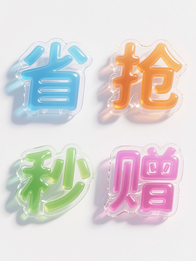 一组4个不同配色规整排布的素材，每个素材包含膨胀效果的艺术字，字体圆润饱满，材质光滑且有光泽，保留充气后的自然褶皱，呈现出强烈的充气立体感，纯白色背景，文案分别为“省”、“抢”、“秒”、“赠”，整体风格为3D立体设计，色彩鲜明，光影过渡柔和，高光突出材质的光滑感，阴影增强立体感，构图整齐对称，视觉层级清晰，具有促销活动的欢快、吸引眼球的氛围。