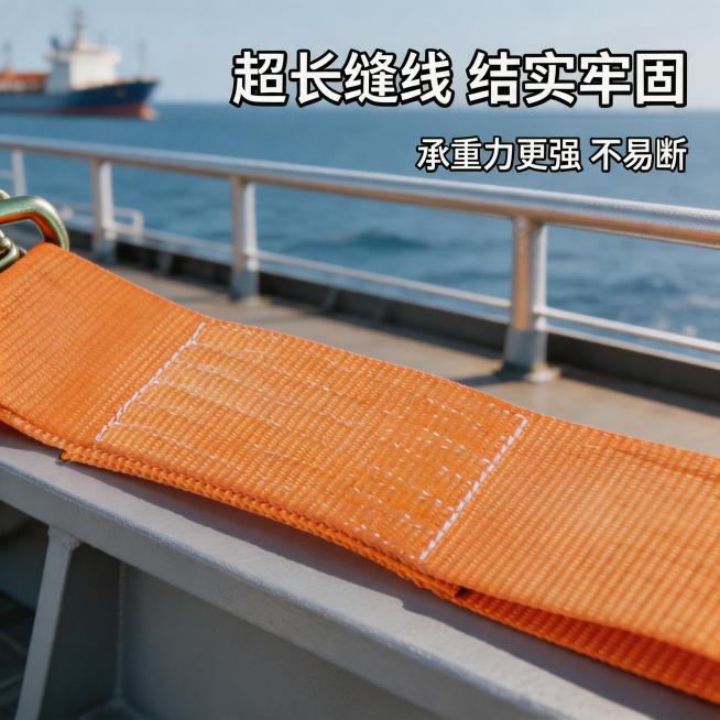 [主图 2] 拉紧器捆绑带细节展示，轮船码头场景；氛围风格：工业细节特写，真实场景质感；画质：商业摄影质感，光线柔和通透，产品清晰真实，画面干净高级；元素：拉紧器捆绑带缝线细节特写，放置在轮船甲板护栏预览效果