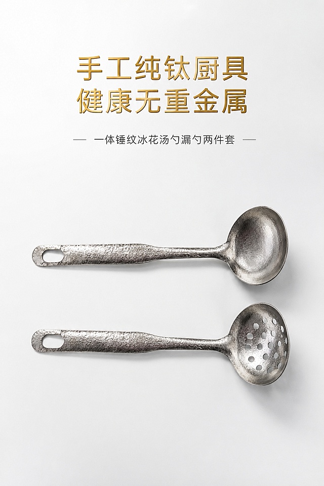统一硬性规范（每屏通用）：
画面比例固定 2:3 竖版，严格还原上传的产品图，包括冰花锤纹肌理、金属银哑光质感、长柄带悬挂圆孔、汤勺 + 漏勺两件套造型等所有细节，去掉无关背景杂物、人手，产品尺寸比例保持实物 1:1；整体视觉统一细质轻奢风 + 哑光金属肌理质感，文字采用无衬线极简字体，搭配哑光磨砂质感文字特效，排版选用左对齐极简排版，低饱和高级配色，画面干净留白、中式高级居家格调，高清 8K 商业摄影，柔和柔光，无杂乱阴影，质感细腻高级。

## 第 1 屏：首屏主视觉海报（产品全景形象屏）

### 正向提示词

2:3 竖版，天猫高端厨具详情首屏海报，细质轻奢风，哑光金属肌理质感，极简留白高级冷淡风，纯白色柔光台面背景，居中对称构图，完整摆放纯钛锤纹汤勺漏勺两件套平行平铺展示，完整呈现冰花碎闪锤纹肌理，金属银主色调 (#D8D8D8)，浅灰白 (#F5F5F5) 辅助底色；顶部居中主标题「手工纯钛厨具 健康无重金属」，鎏金烫金质感文字特效，居中对齐排版；下方小字副标题「一体锤纹冰花汤勺漏勺两件套」，哑光磨砂质感细体文字；画面大面积留白，柔和侧光凸显金属锤纹凹凸肌理，8K 超清商业静物摄影，景深干净，中式高端居家格调，无多余杂物，产品完整无裁切，长柄悬挂孔细节清晰，整体简约大气有质感。

### 负面提示词

杂乱背景、人手、油污、彩色杂物、卡通元素、艳丽色彩、夸张促销大字、模糊画质、产品变形裁切、反光过曝、塑料质感、生锈痕迹、多余装饰、水印、文字拥挤、低清像素、暖黄俗气灯光

## 第 2 屏：核心材质卖点屏（纯钛安全材质）

### 正向提示词

2:3 竖版，细质轻奢风，哑光金属肌理质感，左对齐极简排版，浅灰白柔光纯色背景，画面左侧放置汤勺漏勺局部特写，放大展示勺身冰花锤纹，右侧文字信息区；左对齐主标题「99.9% 高纯纯钛 无重金属析出」，哑光磨砂质感无衬线极简文字；副标题小字「耐酸碱耐腐蚀，火锅煲汤长久使用更安心」，细体低饱和渐变文字；搭配极简线条钛材质分子示意图可视化卖点，低饱和黑白几何装饰元素，画面留白充足，柔和顶光凸显金属细腻肌理，8K 高清静物摄影，高端养生厨具调性，无多余杂物，产品尺寸严格 1:1 还原。

### 负面提示词

鲜艳配色、卡通插画、杂乱文字、人手、塑料厨具、生锈污渍、嘈杂背景、促销爆炸云、模糊纹理、文字堆叠、水印、低画质、刺眼强光、多余装饰摆件

## 第 3 屏：工艺卖点屏（手工冰花锤纹一体成型）

### 正向提示词

2:3 竖版，哑光质感风，质感金属肌理视觉风格，右对齐文字排版，浅银灰渐变纯色背景，画面下半部分放置汤勺漏勺完整侧拍，侧光打亮锤纹凹凸冰花纹理，清晰展示一体成型无缝隙勺身；画面上半部分右侧文字区，右对齐主标题「手工锻打冰花锤纹 一体成型无拼接」，金属渐变质感文字特效；副标题「匠人手工捶打，哑光耐磨不易刮花」，极简细体文字；搭配极简线条捶打工艺简笔画可视化卖点，大面积留白，低饱和高级冷调，8K 商业静物摄影，中式手工匠心格调，完整还原产品长柄悬挂孔细节。

### 负面提示词

高饱和彩色、卡通图案、杂乱摆件、油污、人手、塑料光泽、文字拥挤、刺眼强光、模糊锤纹、促销贴纸、水印、低清画质、分割杂乱构图

## 第 4 屏：功能卖点屏（长柄防烫 + 悬挂收纳）

### 正向提示词

2:3 竖版，极简留白细质轻奢风，居中对称排版，纯白色极简厨房台面背景，分左右构图，左侧特写展示手柄尾部椭圆形悬挂孔，右侧展示汤勺漏勺悬挂在原木挂杆上的收纳场景；画面居中主标题「加长防烫长柄 悬挂孔随心收纳」，哑光磨砂质感文字；副标题「炖煮捞取不烫手，悬挂沥干不占橱柜空间」，纤细无衬线小字；柔和柔光均匀打亮产品金属肌理，无多余杂物，画面干净通透，8K 高清摄影，家用实用厨具调性，产品比例 1:1 精准还原。

### 负面提示词

杂乱厨房杂物、艳丽软装、人手、油污、塑料挂钩、花哨装饰、促销大字、模糊产品、反光过曝、文字堆砌、水印、低像素画质、暖黄俗气灯光

## 第 5 屏：分件功能区分屏（漏勺 / 汤勺双用途）

### 正向提示词

2:3 竖版，哑光金属肌理质感，左对齐极简排版，浅灰白纯色柔光背景，上下分层摆放产品，上方漏勺倾斜特写，清晰展示均匀滤油孔洞，下方实心汤勺侧拍，呈现深勺兜盛汤容量；左侧文字信息区，左对齐主标题「一漏一勺双搭配 火锅炖煮全能用」，鎏金烫金细体文字；副标题「漏勺捞菜滤浮沫，汤勺盛汤舀底料」，低饱和渐变细文字；搭配极简线条火锅、汤锅简笔画点缀，大面积留白，柔和侧光凸显冰花锤纹，8K 超清静物拍摄，中式火锅居家场景调性，产品完整无裁切。

### 负面提示词

鲜艳色彩、卡通食材、杂乱锅底、人手、油污污渍、夸张促销元素、文字拥挤、模糊孔洞纹理、塑料质感、水印、低清画质、刺眼强光

## 第 6 屏：耐腐耐用性能卖点屏（酸碱耐腐蚀）

### 正向提示词

2:3 竖版，高级冷淡极简轻奢风，居中对齐排版，浅银灰渐变纯色背景，画面中心放置汤勺漏勺两件套斜向平铺，勺身完整展示冰花肌理；画面顶部居中主标题「耐酸碱抗腐蚀 适配各类高温食材」，哑光磨砂质感文字；下方小字副标题「火锅红油、酸性汤汁不氧化发黑，长期使用如新」；搭配极简化学酸碱安全标识线条图标可视化卖点，无多余装饰，大面积留白，柔和漫反射柔光，弱化强反光，细腻呈现金属哑光质感，8K 商业静物摄影，高端养生厨具质感。

### 负面提示词

彩色液体、油污污渍、人手、卡通实验插画、杂乱背景、促销爆炸云、文字堆叠、产品变形、过曝反光、水印、低画质、花哨装饰摆件

## 第 7 屏：产品细节特写屏（锤纹肌理细节）

### 正向提示词

2:3 竖版，质感金属肌理视觉风格，右对齐文字排版，纯白色柔光背景，画面主体为汤勺勺身微距特写，极致放大冰花锤纹凹凸碎闪肌理，清晰呈现手工锻打纹理层次；画面右上角文字区，右对齐主标题「手工冰花锤纹 独特哑光质感」，金属渐变立体文字；副标题「耐磨抗刮，不易留水渍指纹」，极简细体文字；画面大面积留白，专业静物微距柔光，无杂色反光，8K 超高清细节拍摄，精准还原产品金属色泽，无多余杂物。

### 负面提示词

模糊纹理、油污指纹、人手、彩色杂物、卡通元素、艳丽色块、促销贴纸、水印、低清像素、强光光斑、文字拥挤、杂乱背景摆件

## 第 8 屏：居家场景使用屏（中式火锅餐桌场景）

### 正向提示词

2:3 竖版，细质轻奢风，日系侘寂自然治愈质感，左对齐极简排版，新中式原木火锅餐桌场景，浅木色哑光桌面，简约清汤铜锅放置画面中心，汤勺漏勺斜搭在锅沿，柔和窗边自然光；画面左下角文字区，左对齐主标题「中式居家炖煮 火锅煲汤专用」，哑光磨砂质感文字；副标题「健康纯钛厨具，适配家庭日常、多人火锅聚餐」，纤细无衬线小字；画面低饱和暖调柔光，留白充足，整体格调雅致高级，8K 实景商业摄影，产品尺寸 1:1 精准还原，锤纹肌理清晰可见。

### 负面提示词

鲜艳花哨餐具、杂乱食材、人手、油腻锅底、网红花哨软装、卡通装饰、促销大字、刺眼闪光灯、过度滤镜、水印、低画质、拥挤杂乱构图

「图片1」「图片1」「图片1」