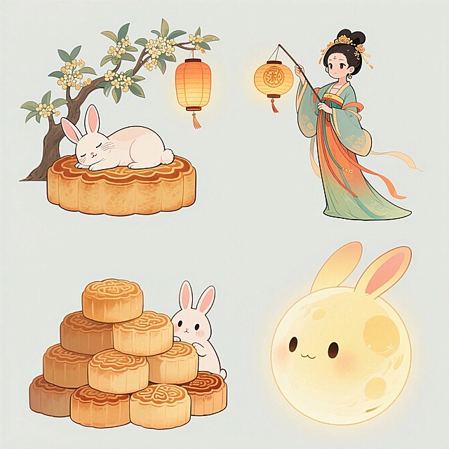 4个中秋素材组合包括：第一个：小兔子趴在一个大月饼睡觉背后桂花树上挂着灯笼；第二个：嫦娥拿着灯笼；第三个：多个月饼堆叠兔子在月饼堆后面探出头；第四个：月亮拟人有一对兔子耳朵。浅色背景，上下两行，排列整齐