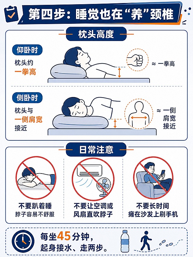 生成一张竖版3:4健康科普信息图插画（扁平矢量风格，深蓝主色+灰蓝，橙色小面积强调，与“打工人颈椎自救指南”系列统一）。顶部步骤标签：“第四步：睡觉也在‘养’颈椎”。上半部分“枕头高度”区：左侧画两个枕头对比示意图——仰卧时枕头约一拳高、侧卧时枕头与一侧肩宽接近，配简洁小人卧姿线条图和高度标注。下半部分“日常注意”区：三个带红色斜杠的禁止图标，分别对应：不要趴着睡，脖子容易不舒服；不要让空调或风扇直吹脖子；不要长时间瘫在沙发上刷手机。下方再加一条文字提示：“每坐45分钟，起身接水、走两步。”背景浅色，干净信息图排版，无照片，无水印。