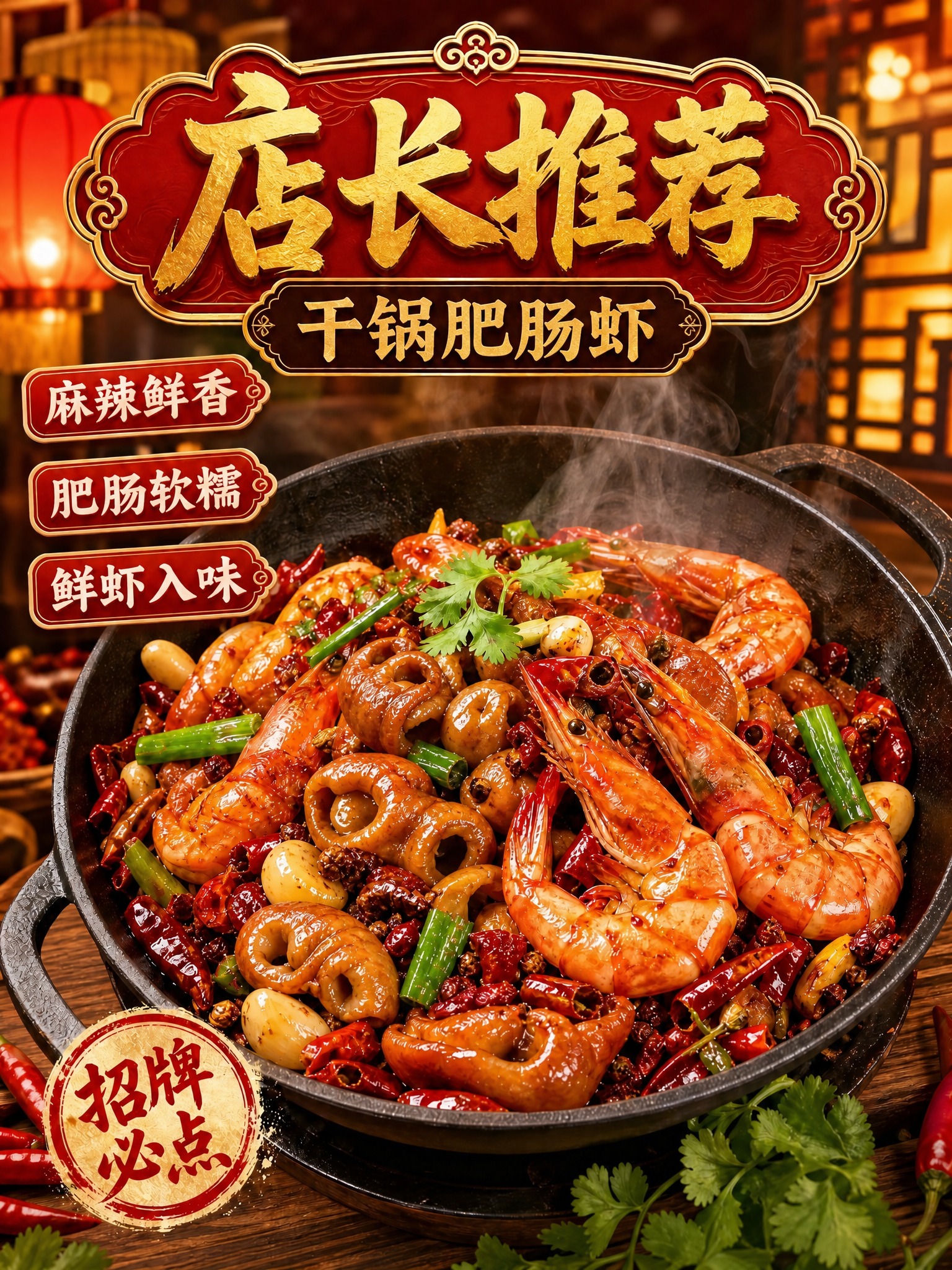将图中的干锅蹄花虾替换为干锅肥肠虾，锅中的猪蹄换成肥润的肥肠段… - 图片创意预览