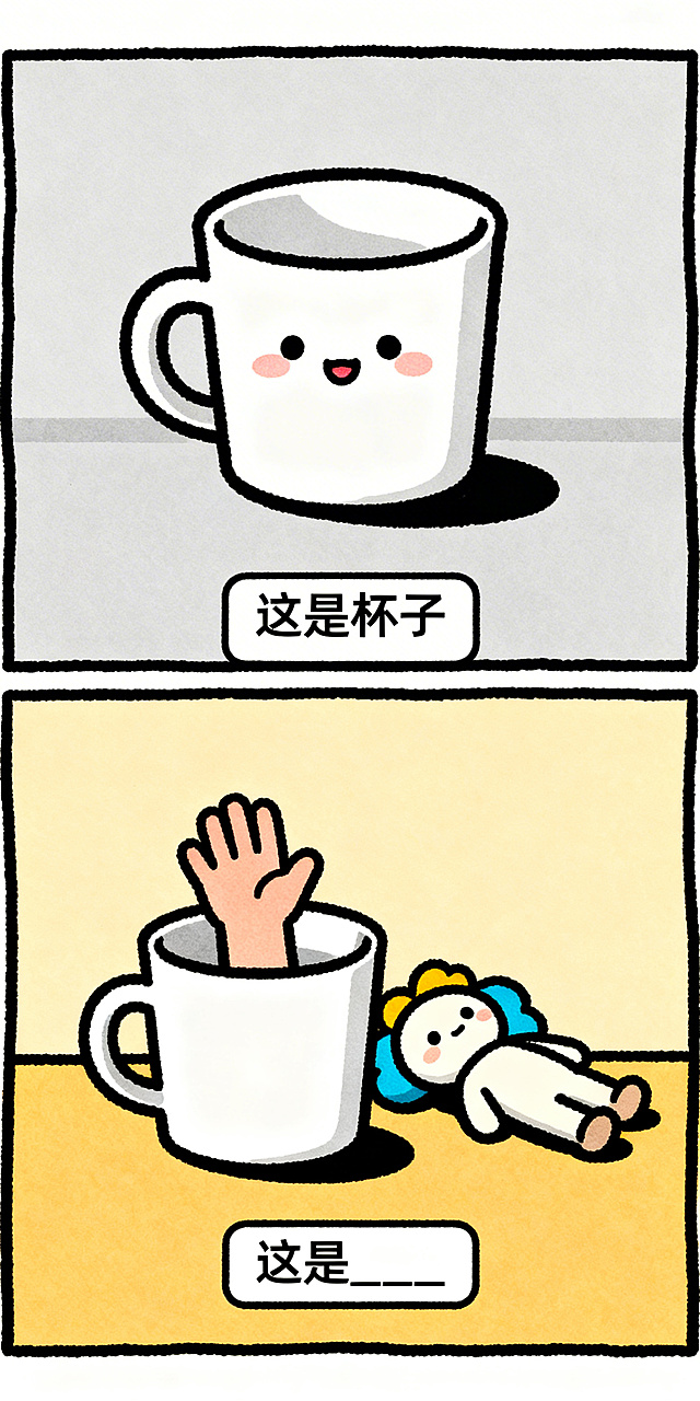 手绘搞笑纵向双格漫画，上半格：Q版可爱的杯子，极简背景，底部文字框写“这是杯子”；下半格：杯子里装着一只手，旁边躺着一个没有生病的玩偶，底部文字框写“这是____”，线条清晰，色彩鲜明