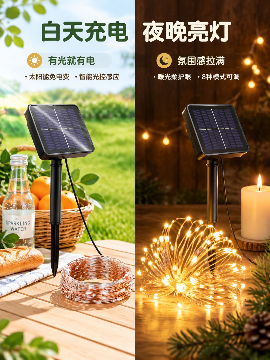 [商品] 使用【图1】暖白色太阳能铜线灯串+【图2】彩色灯串参… - 图片创意预览