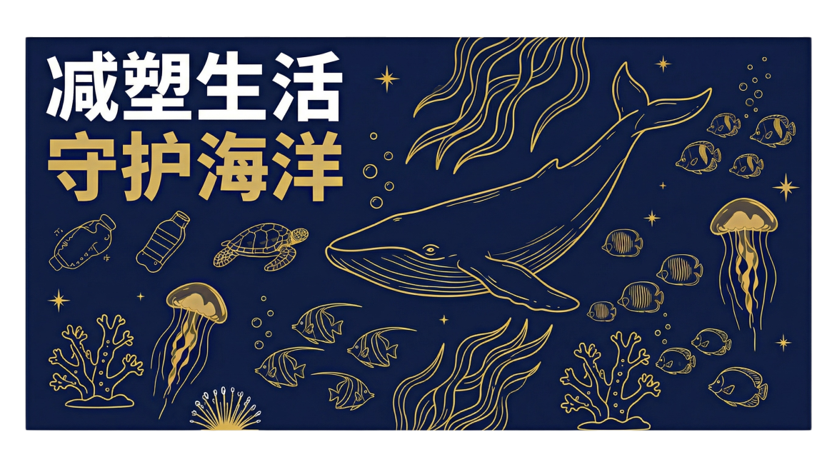 将下半部分海报制作成横板广告牌，缩小“减塑生活 守护海洋”标题比例，在空白处添加同风格金色线条海洋插画（如鲸鱼、海藻、热带鱼），保持深海军蓝背景和极简高对比度风格预览效果