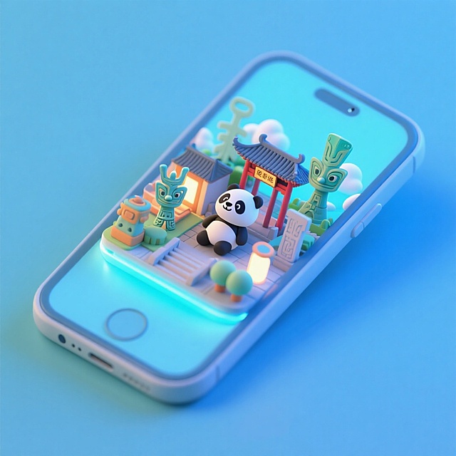 一个手机创意微缩场景，手机平放，侧面对着观众，手机俯视角度，立体的成都景观从屏幕内出来，有熊猫，三星堆，武侯祠，整体色调立体魔幻。青色背景。具有梦幻感,打光营造出柔和氛围强调梦幻和未来感的美学。