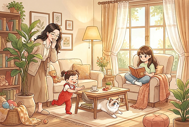 参考图中妈妈、姐姐、妹妹和猫咪的形象，重新创作一张温馨家庭场景封面图，整体风格温暖治愈抓人眼球，表现家庭温馨剧场氛围：妈妈在一旁偷笑，妹妹在追逐猫咪，姐姐安静坐在窗边看书，暖色调居家环境，充满生活氛围感，适合作为封面使用