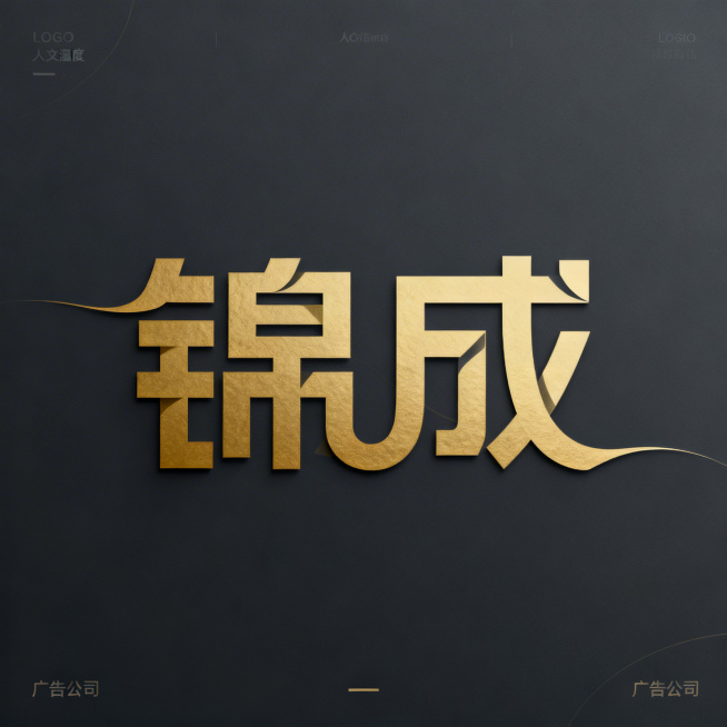 锦成广告Logo设计，采用新极简主义风格，将“锦”“成”二字进行几何化融合设计，以金色与深灰为主色调，加入细微曲线体现人文温度，整体呈现出精准、专业又不失亲和力的视觉感受，适用于广告公司品牌形象，画面预览效果
