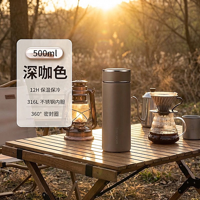 保持保温杯主体和左侧参数卡片完全不变，替换背景为户外露营风实木折叠桌，搭配露营灯和手冲咖啡，黄金时刻逆光，卡其色调，野趣自由，保留底部极淡接触阴影