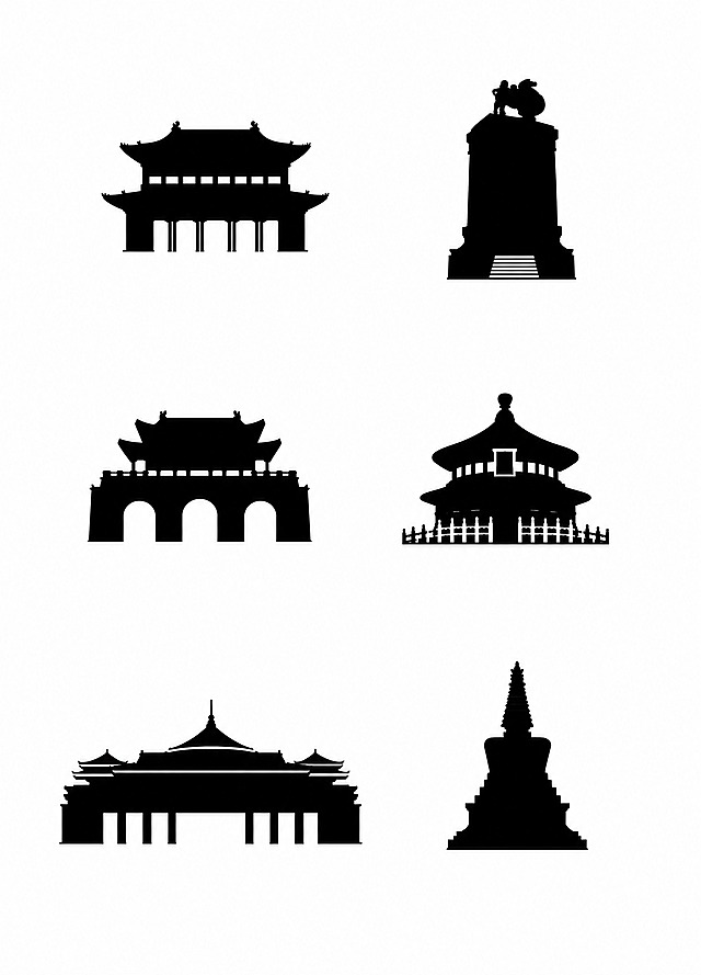 保留图中6座建筑的完整轮廓和结构细节，去除所有背景色块、树木、装饰线条等元素，将建筑转换为纯黑色剪影效果，背景为纯白色，建筑剪影边缘清晰锐利，保持各建筑的独特造型特征和相对位置布局不变