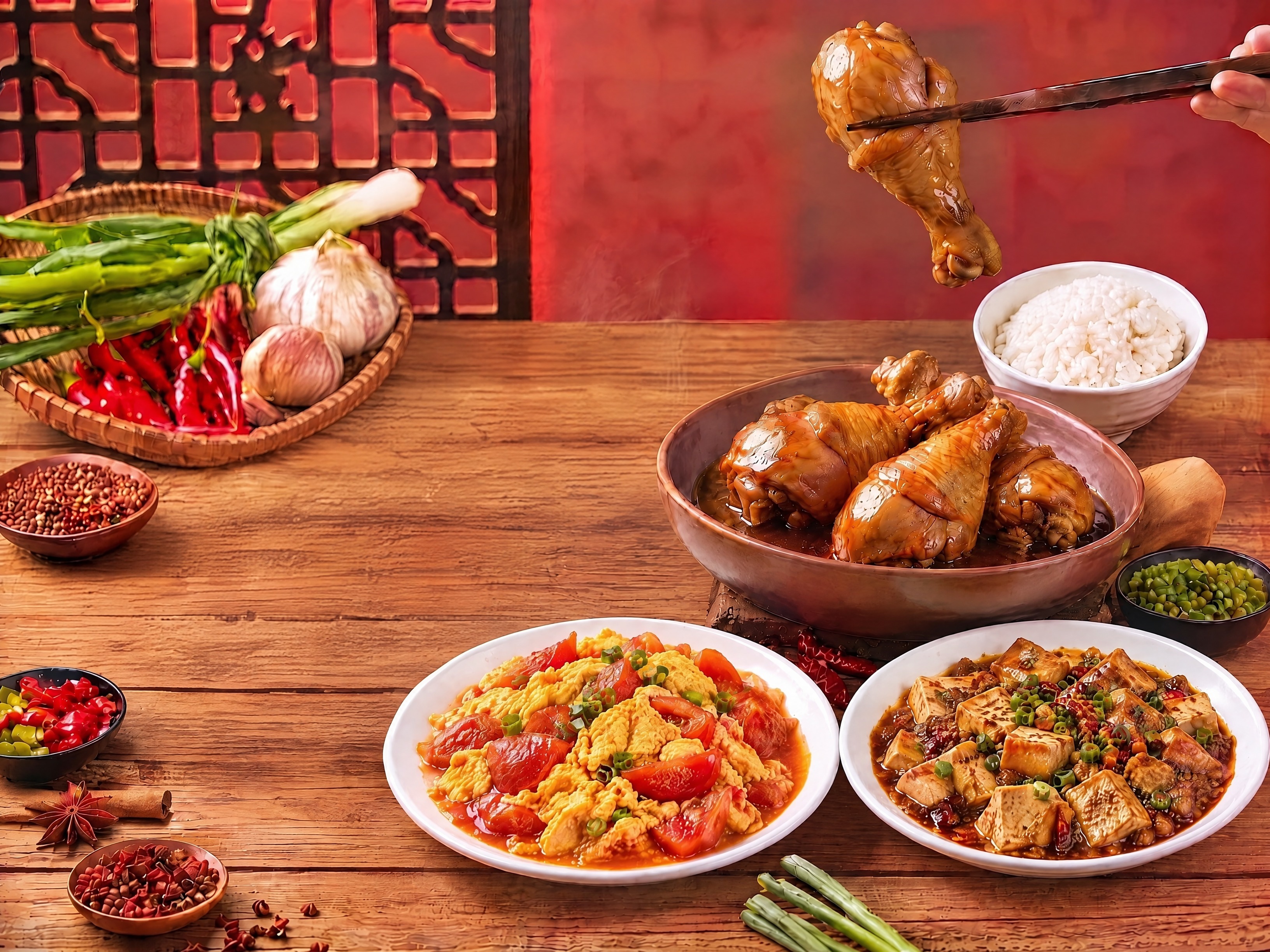 同时移除画面中的回锅肉（左下方白盘）和辣椒炒肉（上方白盘）两道… - 图片创意预览