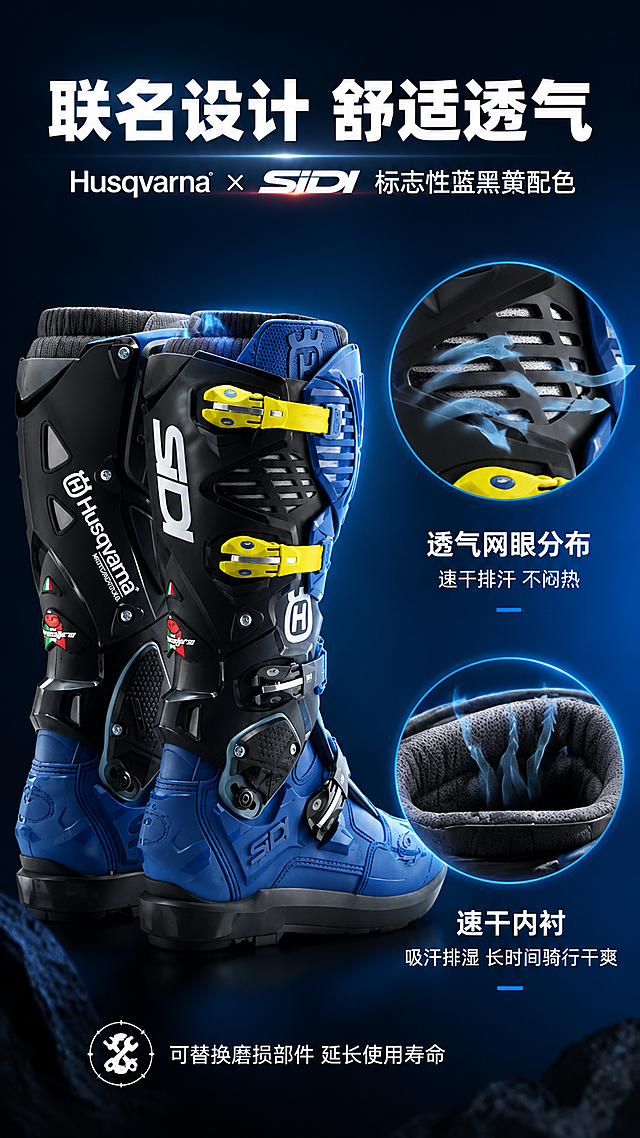[第5屏] 联名设计与透气舒适页 - Husqvarna × SIDI Crossfire 3 越野靴联名配色、透气网眼、速干内衬展示。本屏使用【图1】作为商品主体，靴子为蓝黑黄联名配色。
[氛围/风格] 品质细节展示风，精致光影，突出材质质感和设计美学，高端专业。
[元素布局] 画面左侧展示靴子整体外观，占比约50%，突出联名配色视觉效果；右侧上下分布两个细节特写圆窗：上方展示靴身透气网眼微距细节，下方展示速干内衬面料纹理；背景为渐变深蓝色，带有柔和的光线散射效果，营造高端品质感；靴身颜色、Logo、网眼分布与输入产品图一致。
[光影质感] 柔和侧光+顶部柔光，靴身皮革质感细腻，网眼部位通透有层次，内衬面料纹理清晰，整体光影柔和精致。
[配色色系] 全局底色 #0F2847 深蓝渐变；主色 Husqvarna蓝 + 黑色 + 亮黄点缀；辅助色 白色文字 + 浅蓝透气示意光效。
[视角构图] 左右布局，左主图右细节，阅读动线从整体到局部。
[文字版式] 版式为左产品全貌 + 右双细节特写。顶部主标题「联名设计 舒适透气」，白色粗体，副标题「Husqvarna × SIDI 标志性蓝黑黄配色」；上方网眼特写旁标注「透气网眼分布」+「速干排汗 不闷热」；下方内衬特写旁标注「速干内衬」+「吸汗排湿 长时间骑行干爽」；底部补充「可替换磨损部件 延长使用寿命」小字说明。
[比例分辨率] 9:16 竖版比例，4K分辨率，文字清晰可辨，高清画质。
[负向提示词] 靴身变形，颜色偏差，网眼细节模糊，材质质感差，水印，文字错乱，Logo不清晰。