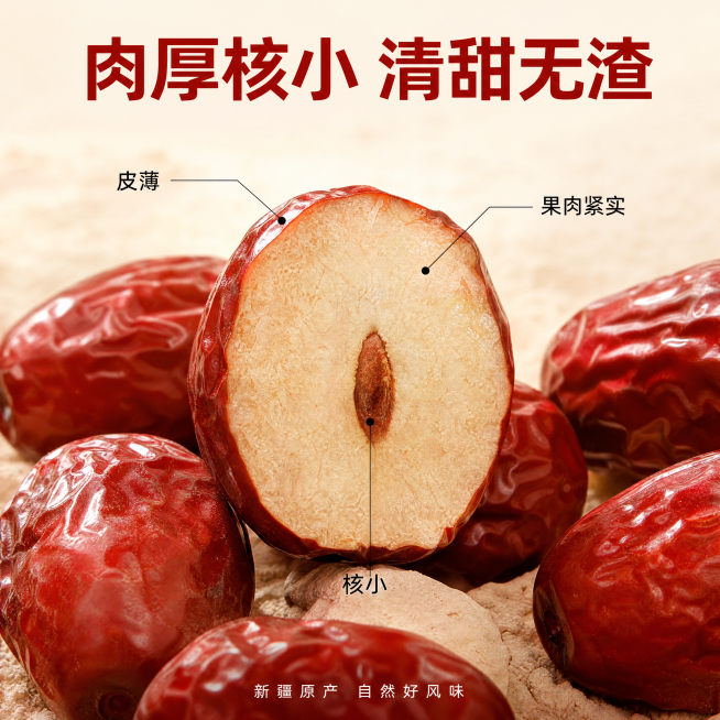 [主图-2]绿帝楼兰枣核心卖点展示图，突出产品品质优势
[氛围风格] 自然通透，真实可信的食品展示风格
[画质] 商业摄影质感、光线柔和通透、产品清晰真实、画面干净高级
[元素] 展示切开的楼兰枣横截预览效果