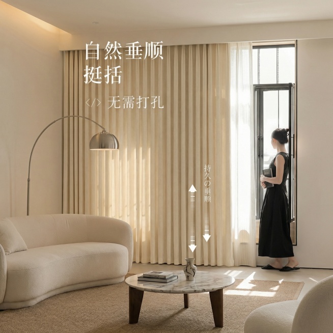 不改变窗帘的面料材质，切换不同的家装场景（最好是现代风奶油风），改变角度，保留文字，一次生成4张；预览效果