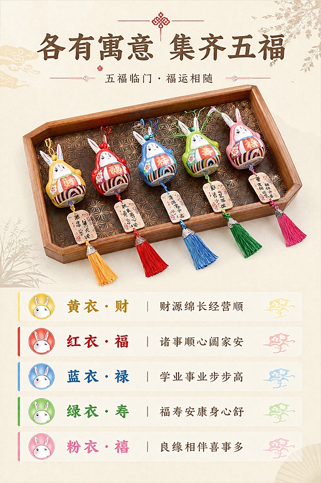 [第2屏] 核心卖点页-五福理念总览，介绍各款兔爷的专属寓意。本屏使用【图9】作为场景参考。
[氛围/风格] 简洁国风排版，浅暖底色，清晰通透，信息层级分明。
[元素布局] 五只兔爷挂件采用错落式排列在木质托盘上，占比约60%，下半部分分五块区域列出每个款式的名称与祝福寓意；每款搭配对应色条点缀，保留每只兔爷的颜色特征与吊牌文字，造型结构与原图一致。背景点缀浅纹宣纸底纹，增加文化质感。
[光影质感] 整体均匀柔光，产品清晰不发黑，文字区域亮度均匀，保证可读性。
[配色色系] 全局底色 #FAF7F0；主色米白宣纸纹，辅助色对应五只兔爷的黄、红、蓝、绿、粉五色。
[视角构图] 俯视平铺，阅读动线从上到下分区域浏览。
[文字版式] 顶部主标题「各有寓意 集齐五福」，下方分五行列出：黄衣·财 财源绵长经营顺；红衣·福 诸事顺心阖家安；蓝衣·禄 学业事业步步高；绿衣·寿 福寿安康身心舒；粉衣·禧 良缘相伴喜事多。每行搭配对应色块，文字清晰，不遮挡产品。
[比例分辨率] 9:16 竖版比例，4K分辨率，文字清晰可辨，高清画质。
[负向提示词] 产品造型错乱，颜色偏差，文字重叠，文字过小，水印，背景杂乱