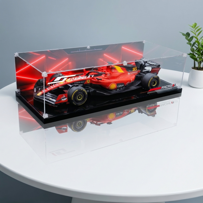 保持图1中红色法拉利F1赛车模型、带卡扣的亚克力展示盒、内部红色背景灯效和所有文字图案外观完全不变，重新调整为图2同款高级干净的视觉效果，参考图2的浅灰蓝色纯净背景、圆形台面、角落绿植点缀，以及柔和均预览效果