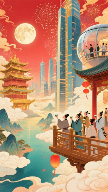 一侧，古代木质观景台，古代文人聚此，举着酒樽、凭栏望圆月、山河；另一侧，现代摩天楼高空观景舱，现代游客透过全景玻璃，赏烟花，背景古楼阁与城市高楼相融合，明月照。整体画面充斥着华丽的金色和喜庆的红色，奇预览效果