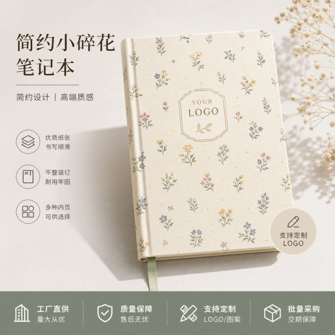 1:1方形产品首图，纸质笔记本封面，简约小碎花图案设计，带丝带书签，简约高端风格，面向批量采购客户，支持定制Logo，不侵权预览效果