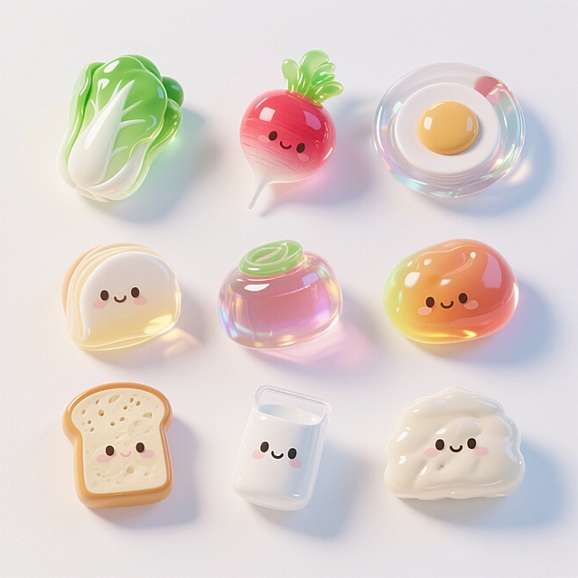 9个Q版图标（元素独立区域）：白菜、萝卜、早餐、饵块，撞色，白色背景