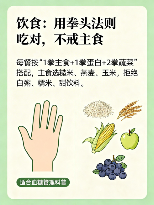 健康养生公众号贴图，标题：饮食：用拳头法则吃对，不戒主食，内容：每餐按"1拳主食+1拳蛋白+2拳蔬菜"搭配，主食选糙米、燕麦、玉米，拒绝白粥、糯米、甜饮料，记住：升糖快的食物全避开，加餐选低糖水果（苹预览效果