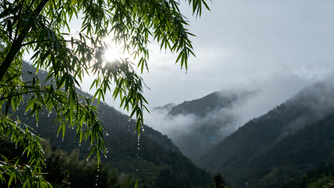 广角镜头，雨后的山谷，远山云雾缭绕，近处一棵青竹挂着水珠，逆光，光线从竹叶缝隙穿透。色调青灰偏冷，高对比，有空气感。画面宁静深远预览效果