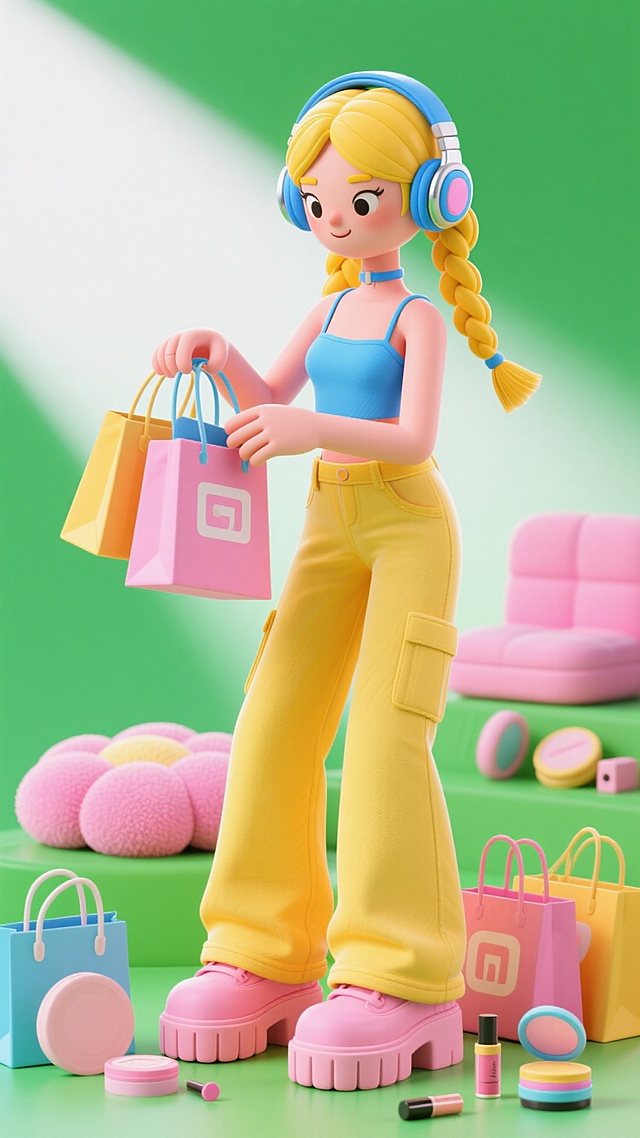 软3D风格少女，卡通感十足，搭配糖果色购物袋与美妆元素，呈现可爱甜美的孟菲斯风视觉体验。