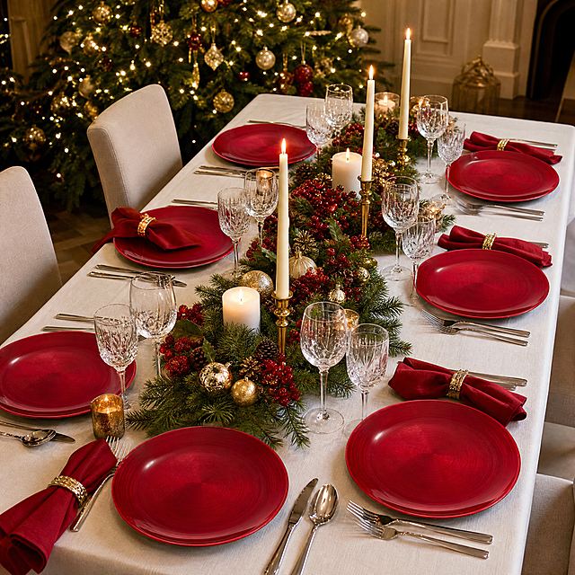 Mesa navideña elegante con platos rojos de melamina de 33 cm, decoración de lujo navideña. Mesa larga formal con mantel blanco de lino, centro de mesa con ramas de abeto, bayas rojas, velas blancas altas y adornos dorados brillantes. Cada lugar tiene un plato rojo de melamina de 33 cm como plato base, acompañado de cubertería de plata, copas de cristal y servilletas rojas con aros dorados. Fondo con árbol de Navidad grande decorado con bolas doradas y luces cálidas. Iluminación suave y sofisticada, atmósfera de cena de gala navideña, estilo de revista de decoración, ángulo cenital inclinado, composición simétrica y elegante, los platos rojos destacan vibrantes sobre el blanco.