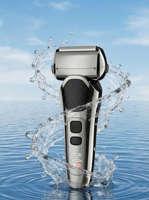 将背景替换为平静的海面，海面带有细腻水纹，剃须刀置于海面上方预览效果