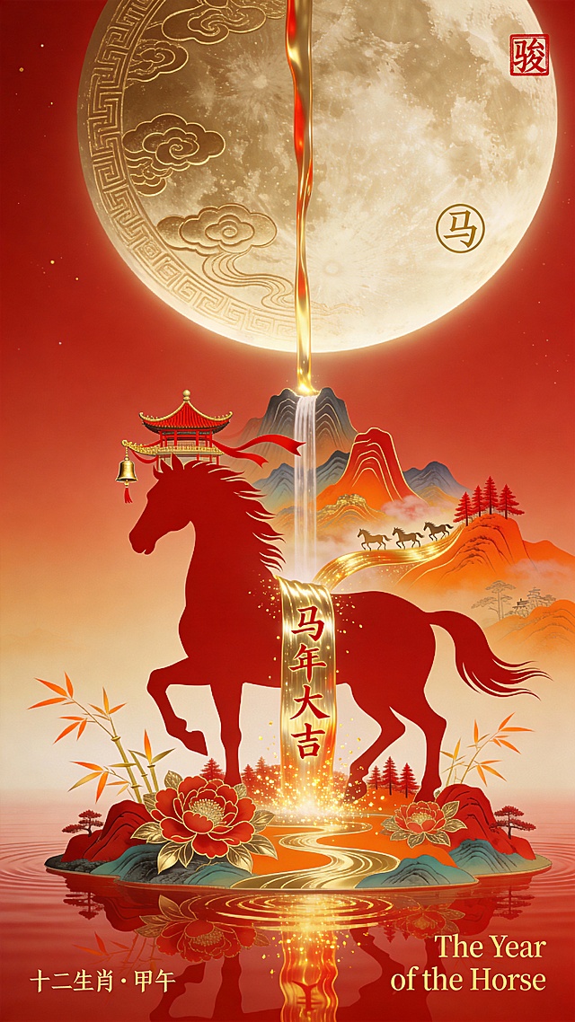 国潮风剪影马踏祥云，鎏金月华倾泻，浮雕山水映辉，光影流动间尽显中式古典与梦幻喜庆，寓意马年大吉。