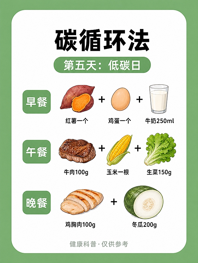 小红书健康科普内页图，3:4竖版，4K超高清画质，版式精美，小红书笔记内页质感。中绿色平涂底色，居中放置白色大圆角卡片。卡片顶部黑色粗体标题“碳循环法”，其下方一个绿色胶囊形标签，内有白色文字“第五天：低碳日”。中部为三餐内容区，三行纵向排列：每行左侧是中绿色圆角标签，内有白色文字（依次为“早餐”“午餐”“晚餐”），右侧是卡通手绘食物插画，食物之间用黑色加号连接，食物下方是黑色克数文字。早餐：红薯一个＋鸡蛋一个＋牛奶250ml；午餐：牛肉100g＋玉米一根＋生菜150g；晚餐：鸡胸肉100g＋冬瓜200g。卡片底部灰绿色小字“健康科普·仅供参考”。只出现指定文字，无二维码、无品牌logo。文字精准无错字，排版对齐工整，字体清晰，边缘锐利无模糊。画面比例3:4。