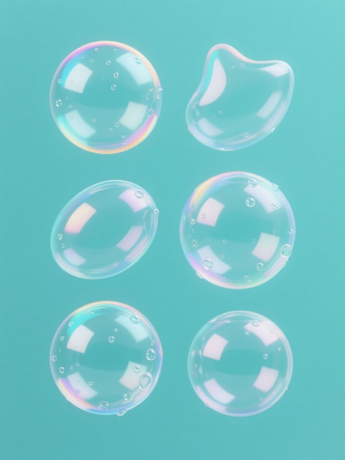 一组6个不同造型和角度的透明肥皂泡元素集合，保持原有的3D质感、光滑表面、轻微水珠细节和彩虹色边缘光晕效果，整体色彩变换为清新的蓝绿色调，每个气泡拥有独特的形态、反光位置和姿态，规整地排布在纯色背景上，呈现出统一而富有变化的视觉效果，适合作为设计素材使用。预览效果