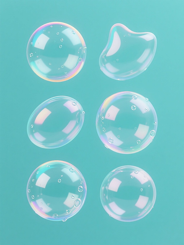 一组6个不同造型和角度的透明肥皂泡元素集合，保持原有的3D质感、光滑表面、轻微水珠细节和彩虹色边缘光晕效果，整体色彩变换为清新的蓝绿色调，每个气泡拥有独特的形态、反光位置和姿态，规整地排布在纯色背景上，呈现出统一而富有变化的视觉效果，适合作为设计素材使用。