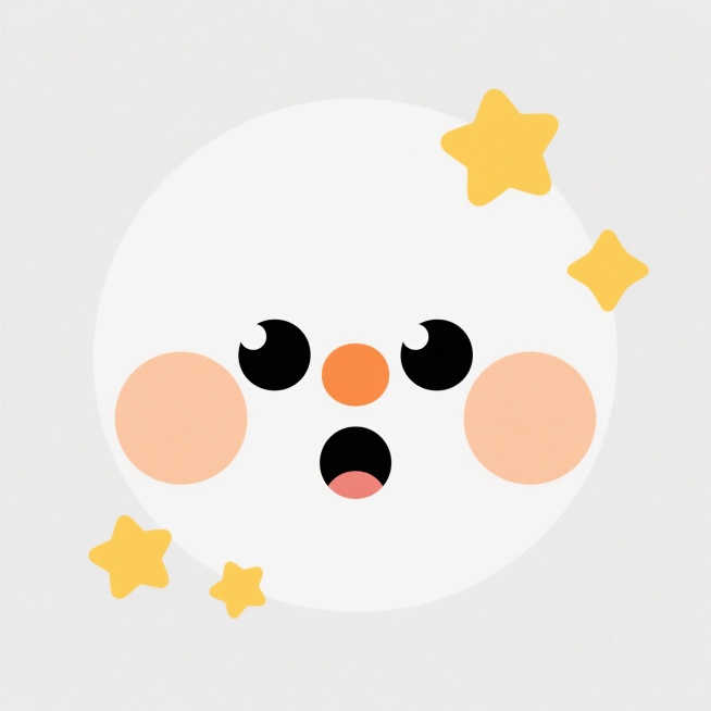 极简风格卡通表情，纯白色纯色背景，圆形白色脸部，两个超大的纯黑色圆形眼睛带白色高光，橙色圆形小鼻子，脸颊两侧有对称的浅橙色圆形腮红，脸部周围有三颗黄色星形装饰（右上、左下各一颗），嘴巴呈现微微张开的惊讶神态，线条简洁流畅，扁平化设计，无渐变阴影，高对比度，可爱治愈系。预览效果