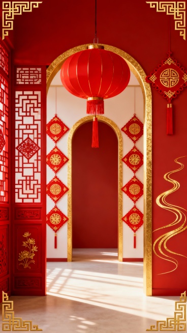 请帮我生产三张图片，这是一张具有浓厚中国传统节日氛围的海报，采用竖版构图，整体以正红色为主色调，搭配金色线条勾勒细节，营造出喜庆、庄重的视觉效果。海报中央是一个由金色边框装饰的拱形门廊，门廊上方悬挂着预览效果