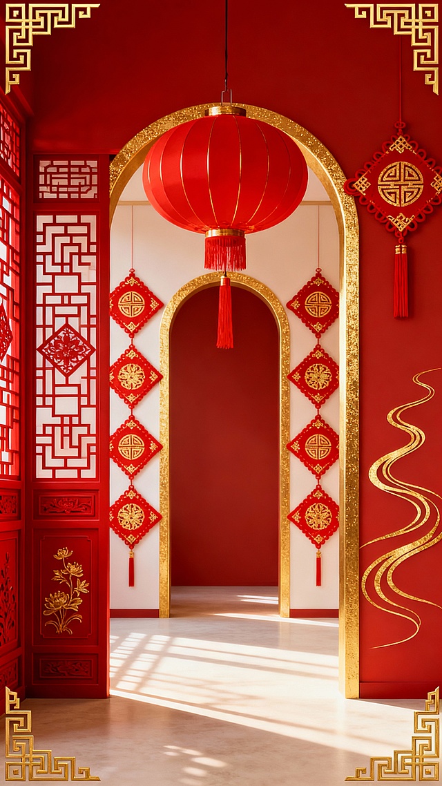 请帮我生产三张图片，这是一张具有浓厚中国传统节日氛围的海报，采用竖版构图，整体以正红色为主色调，搭配金色线条勾勒细节，营造出喜庆、庄重的视觉效果。海报中央是一个由金色边框装饰的拱形门廊，门廊上方悬挂着一个大红色的圆形灯笼，灯笼下方有红色流苏垂坠。门廊两侧对称分布着多个红色菱形中国结，每个中国结上都有金色的传统花纹图案。门廊左侧有一扇红色的中式窗棂，窗棂上雕刻着几何纹样和花卉图案。门廊右侧的墙壁上装饰着金色的线条，呈现出流动的曲线美感。整个场景的地面是浅色的，光线从门廊深处照射进来，形成柔和的光影效果，增强了空间的纵深感。海报的四个角落都有金色的传统回纹装饰，进一步强化了中国传统文化的主题。