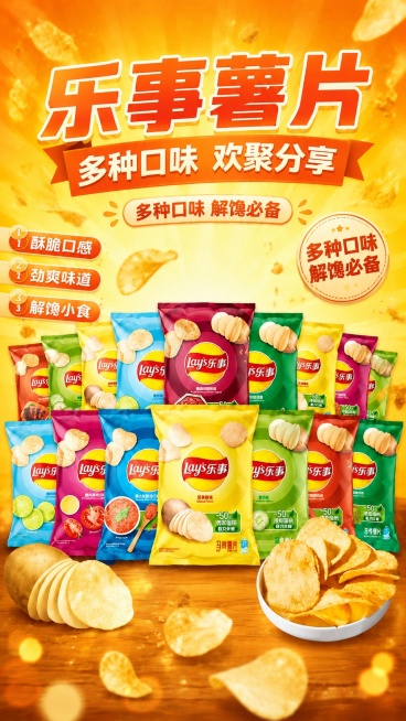 商品推广配图，风格写实商业摄影，年轻动感促销风格，乐事薯片，100% 还原上传图里所有产品包装外形、LOGO、文字、配色，保持商品原样。主标题文字"乐事薯片"，副标题文字"多种口味 欢聚分享"，卖点标预览效果