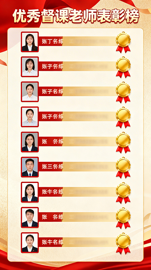 辅导班督课老师表彰榜设计，整体风格积极向上正式大气，顶部放置醒目标题“优秀督课老师表彰榜”，内容区域预留老师照片和姓名展示位，搭配红色荣誉绶带和金色奖牌元素，暖色调配色，排版整洁规整