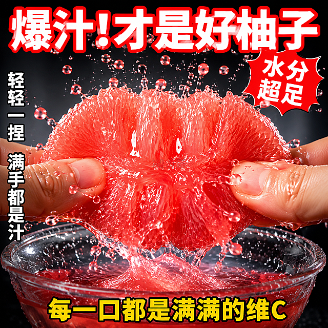 [主图-5] 红心柚子爆汁极限测试 挤压爆汁瞬间。
[氛围风格] 极具冲击力的爆汁动态瞬间，极致展示水分充足，视觉震撼。
[画质] 高速摄影质感、果汁飞溅清晰凝固、画面通透有张力、产品真实诱人。
[元素] 画面中央是一瓣饱满的红心柚子被两只手（仅露出手指部分，不画完整手掌）用力挤压，大量鲜红的果汁从果肉中喷射飞溅出来，果汁水珠在空中凝固成清晰的水滴状，向四周飞溅。果肉被挤压变形但仍保持鲜红饱满的质感。背景是深色渐变，突出果汁飞溅的动态和果肉的鲜红。下方有一个透明玻璃碗，承接滴落的果汁，碗底已经积了一些鲜红的柚汁。**保持红心柚子果肉颜色和质感与输入产品图一致，杜绝变形和色差**。商品主体占比约60%。
[光影] 侧逆光打亮果汁飞溅的水珠，让每一滴果汁都晶莹剔透有高光；正面柔光补亮果肉细节；深色背景衬托出鲜红的果肉和果汁，视觉冲击力极强；整体光影干净利落，突出主体。
[配色] 主色柚肉鲜红+果汁宝石红；辅色深灰/黑背景；强调色透明水珠高光白+玻璃碗透明反光。
[视角构图] 平视略俯角度，主体居中，爆汁动态向四周扩散，画面充满张力和动感，深色背景让主体更加突出。
[文字版式] 画面顶部超大字主标题，粗黑体白色带红色描边，极具冲击力："爆汁！才是好柚子"；主标题右侧一个红色爆炸形标签，白字："水分超足"；画面左侧竖排文字，白色："轻轻一捏 满手都是汁"；画面底部一行黄色文字："每一口都是满满的维C"。文字大而醒目，拼多多风格，不遮挡核心爆汁区域。
[输出要求] 1:1比例，文字清晰锐利，超高清高速摄影质感。
[负向提示词] 变形，文字错乱，产品模糊，背景杂乱，水印，电商平台Logo，手部畸形，多余手指，果汁颜色失真。