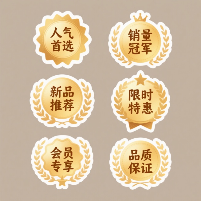 手绘贴纸风格金色徽章集合，六个完全不同系列素材规整排布在纯色背景上，每个徽章中心分别包含"人气首选"、"销量冠军"、"新品推荐"、"限时特惠"、"会员专享"、"品质保证"文字，均采用类似原图的书法字体，外圈装饰有不同样式的月桂叶、五角星、皇冠等元素，保持金色渐变色调和高光阴影质感，整体呈现统一的手绘贴纸风格且元素内容完整。预览效果