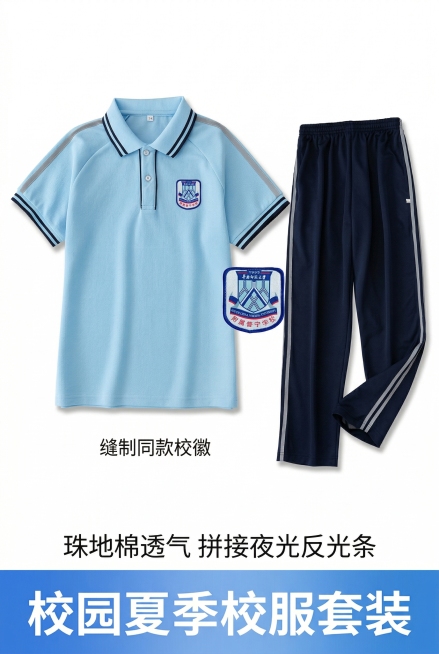 使用用户上传的产品图，产品为浅蓝色 POLO 衫 + 藏青色校服裤的完整套装，清晰呈现于画面视觉中心，比例协调不变形。不改变产品的款式和颜色，上衣布料为珠地棉，保留网眼视感，衣服正面仅保留校徽设计不添预览效果