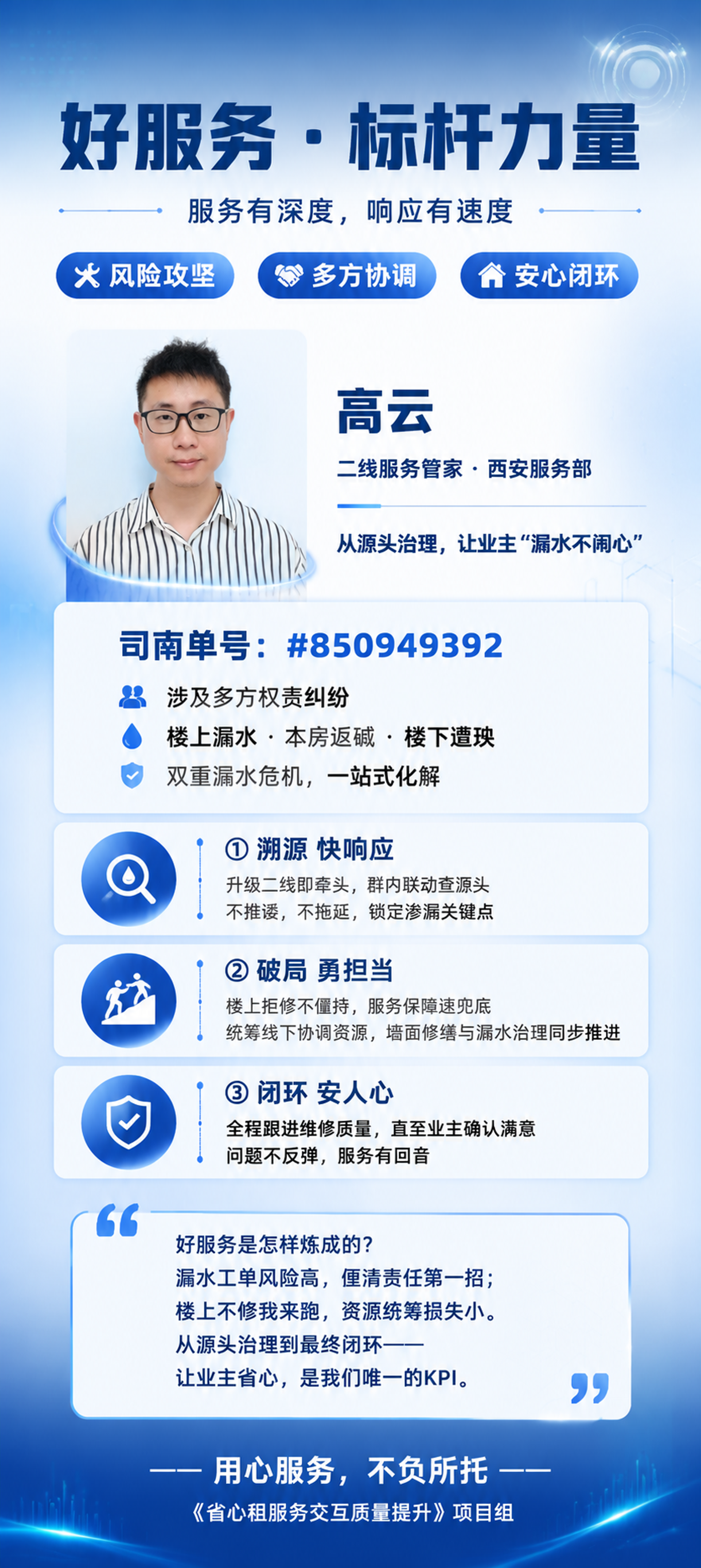 一张竖版长图人物服务事迹海报，科技感与温度感结合的蓝白渐变背景… - 图片创意预览