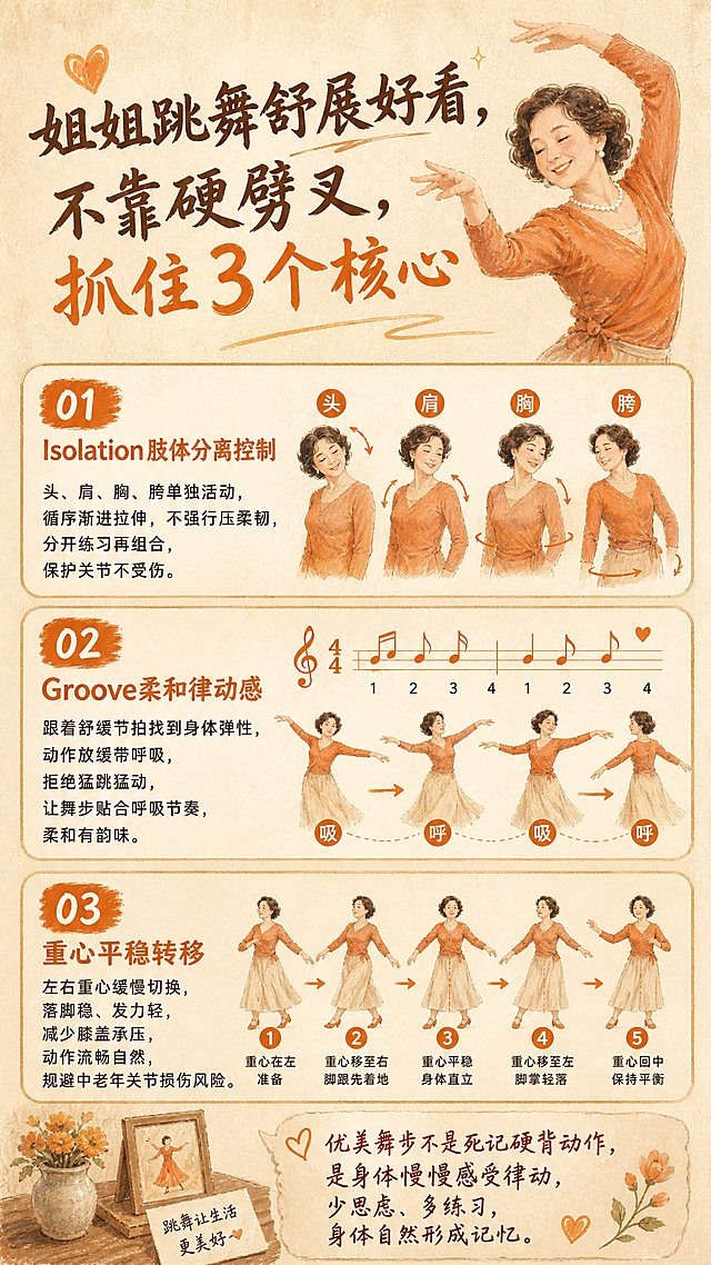 9:16竖版复古手绘内容种草海报，暖米色牛皮纸纹理背景，油彩画质感手绘风格，圆润中老年女士插画，上下分栏排版，温柔治愈中老年风格，配色米白、浅咖、暖橘亮橘。顶部主标题区文字为"姐姐跳舞舒展好看，不靠硬劈叉，抓住3个核心"。中部分三大板块排版，配中年女士拆分头部、肩、胸、胯分离动作简图，节拍律动示意图、重心转移分步插画：第1板块标题"Isolation肢体分离控制"，内容"头、肩、胸、胯单独活动，循序渐进拉伸，不强行压柔韧，分开练习再组合，保护关节不受伤。"；第2板块标题"Groove柔和律动感"，内容"跟着舒缓节拍找到身体弹性，动作放缓带呼吸，拒绝猛跳猛动，让舞步贴合呼吸节奏，柔和有韵味。"；第3板块标题"重心平稳转移"，内容"左右重心缓慢切换，落脚稳、发力轻，减少膝盖承压，动作流畅自然，规避中老年关节损伤风险。"。底部收尾短句区文字为"优美舞步不是死记硬背动作，是身体慢慢感受律动，少思虑、多练习，身体自然形成记忆。"。字体温和醒目，竖版牛皮纸手绘风格，版式精美，文字清晰可读，所有信息区域填充完整内容。画面中所有数字必须精确渲染，不得错位、遗漏或编造。