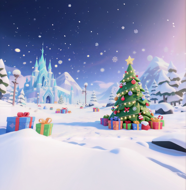 Generate a Christmas scene image with an art style reminiscent of the animated film Frozen, from a l预览效果