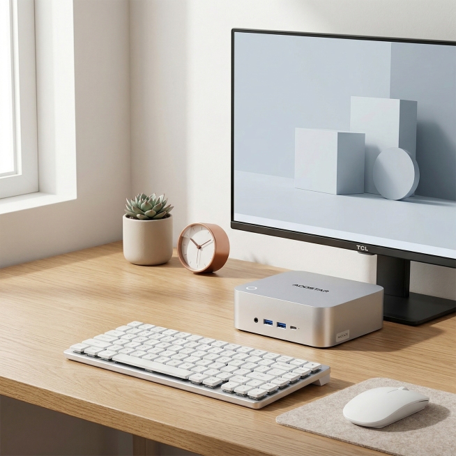 近景特写视角的生活化极简风格Minimalist Desk Setup桌面场景，聚焦MACO 470迷你主机，搭配4K TCL显示器，旁侧布置简约桌搭摆件和无线键鼠，干净整洁，极简设计风格预览效果